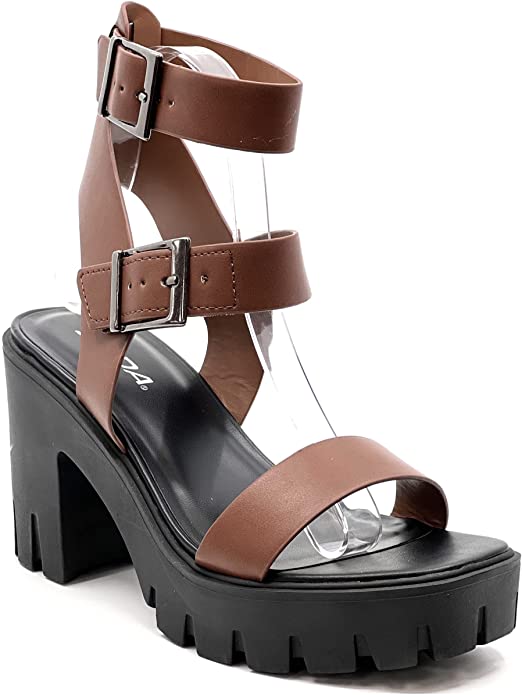 SODA Novas Women Open Toe Lug sole Block heel Sandals with Adjustable Ankle Strap