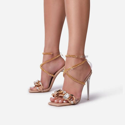 Zapatos de tacón de aguja con cadena dorada y punta cuadrada para mujer OBSESSED