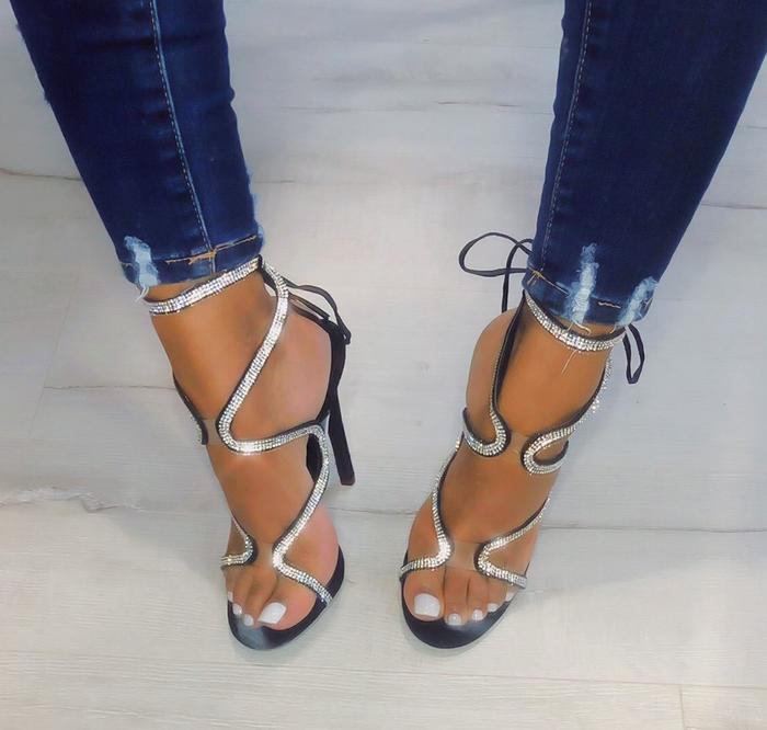 Rhinestone Decor Stiletto heeled Ankle Strap Sandals Dress Heels
