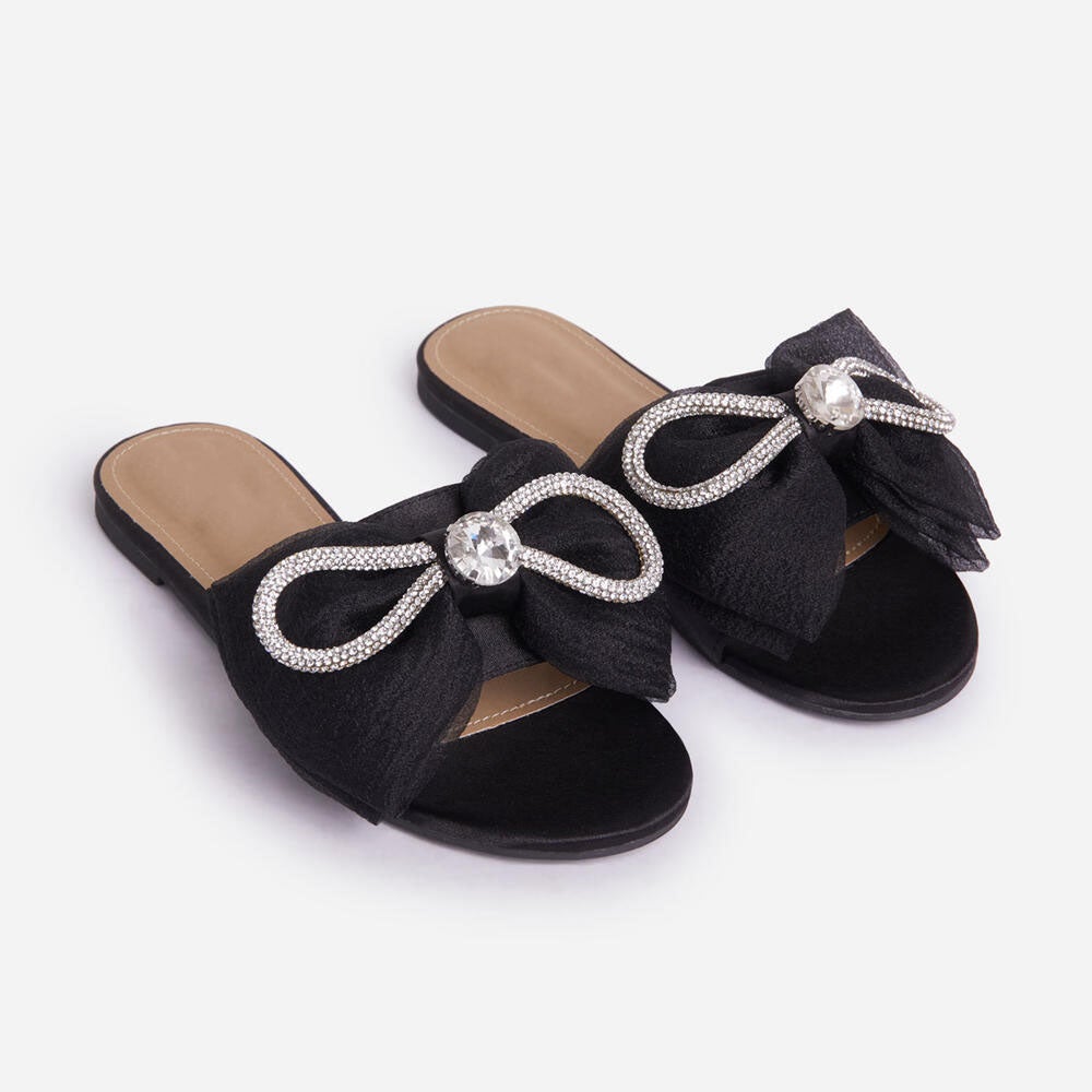 Lemonade RICHNESS Diamante Bow Detail Flat Slider Sandals Black