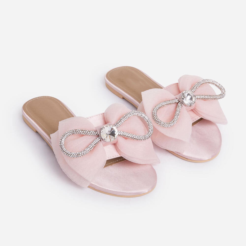 Lemonade RICHNESS Diamante Bow Detail Flat Slider Sandals Pink