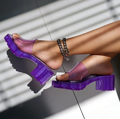 Purple Clear Jelly Chunky Heel Sandals Rudy-3 | Shoe Time