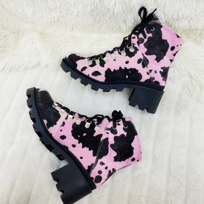 Mata Shoes Kick Lace Up Lug Sole Combat Ankle Boots Faux Fur Pink Cow Print