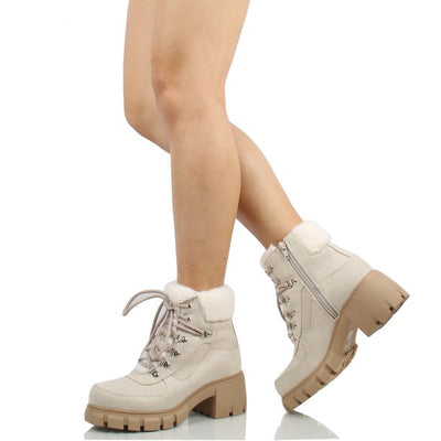 Soda SAFFI Women's Shearling Trim Combat Lug Ankle booties | Shoe Time