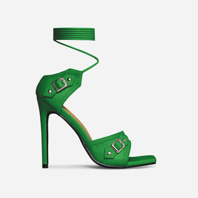 Green Lace Up Buckle Detail Square Toe Heels Scorpio | Shoe Time
