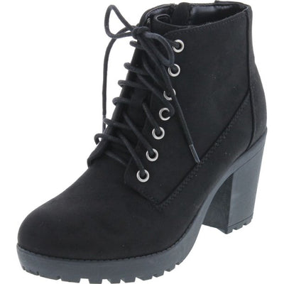 Soda Second Women's Faux Leather Lace Up High Chunky Heel Ankle Booties Black Suede