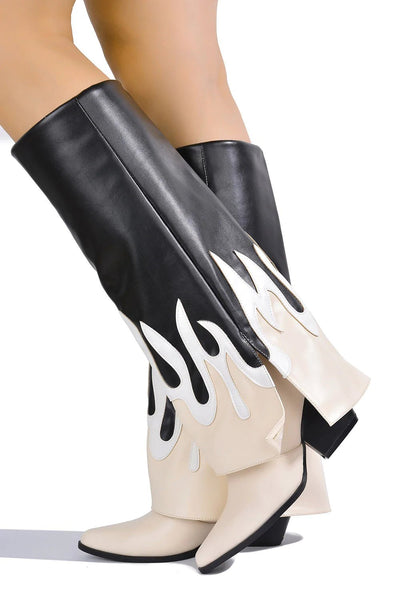 Pointed Toe Block Heel Fold Over High Boots 