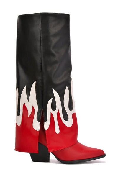 Red Cape Robbin Pointed Toe Block Heel Fold Over High Boots Wallstreet