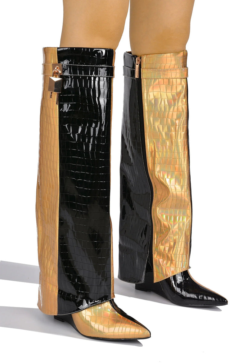 Black Gold Metallic Shark Padlock Boots Wheein Cape Robbin | Shoe Time